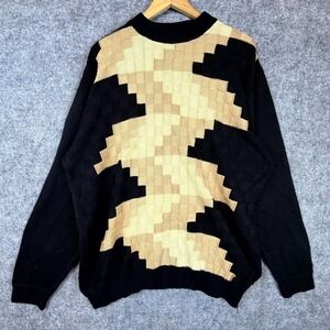 Vintage Bergati Sweater Mens Large Black Beige Geometric Knit Outdoor Winter